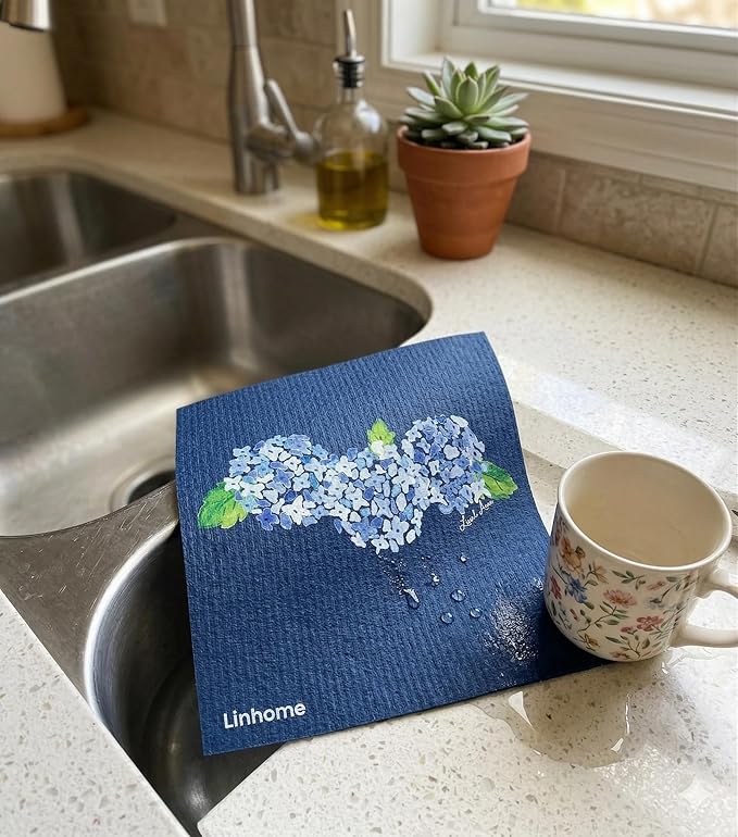Garden Collection Hydrangea Swedish Dishcloth, Reusable Paper Towel, Super Absorbent Cellulose Sponge, Kitchen Cleaning Cloth, Washable & Compostable (Blue Hydrangea - 4 Pack)