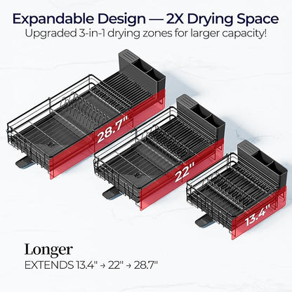 Large Dish Drying Rack, Expandable Dish Rack for Kitchen Counter, Dish Drainer with Drainboard Set, Multifunctional Dishrack with Utensil & Cup Holder, 13.4"-28.7" L x 11.8" W x 7.8" H, Black