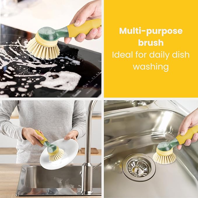 Vigar Rengo Dish Brush with Soap Dispenser - Dish Scrubber with Handle, Kitchen Scrub Brush for Dishes, Sink Cleaning Brush, Soap Dispensing Dish Wand with Nylon Bristles, Non Scratch - Mustard