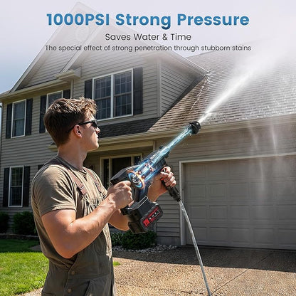 Cordless Portable Washer, 1000PSI Portable 4000mAh Cleaner with 6-in-1 Nozzle & 2 Batteries and Shut-Off Valve Garden Hose Adapter for Watering, Cleaning, Car, Floor Wall Fence Cleaning
