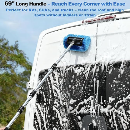 XCBYT Upgraded Car Wash Brush with Long Handle, 69'' Flow-Through RV Wash Brush Kit with Soft Bristle Brush, Chenille Mop, Squeegee & Duster, Adjustable Aluminum Pole Car Cleaning Kit for SUV RV Truck
