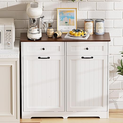 AHB Double Tilt Out Trash Can Cabinet for 2 Bins, Hidden Garbage Can Cabinet with Drawers, Wooden Trash Bin Cabinet, 10 Gallon Trash Can Holder Cabinet for Kitchen, Living Room, Laundry Room, White