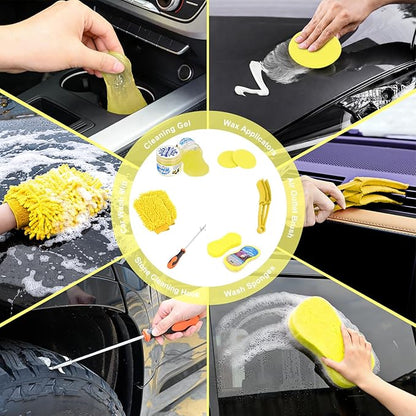 Nilight 37PCS Car Detailing Kit Auto Cleaning Tools Wash Set with Storage Carry Bag Home Use for Interior Exterior Deep Clean Car Care Windshield Dashboard Seat Air Vents Wheels Tires, Yellow