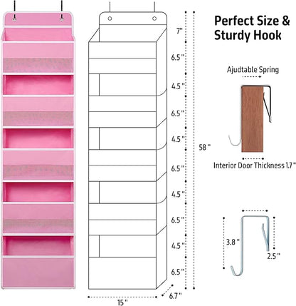 TYMENSH Over Door Organizer with 5 Large Pockets, Heavy Duty Hanging Organizer Storage, Closet Bathroom Nursery Bedroom Dorm, Toys Cosmetics Sundries and Baby Essentials, Pink