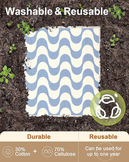 Miss Adola Swedish Dishcloths for Kitchen with Hooks - Reusable Dish Cloths for Washing Dishes Fast Drying Cute Fun 5 Pack Swedish Dish Towels Washable Cleaning Sponge, Blue Geometrical