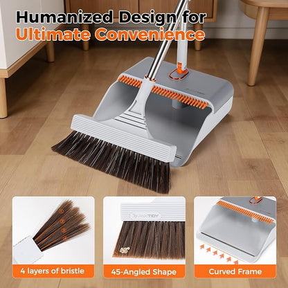 Broom and Dustpan Set with Adjustable Handle, Upright Design, Built-in Comb Teeth, Mint Green, for Home Office Hardwood Floors Pet Hair (Silver/Gray)