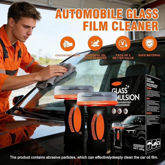 Glass Emulsion Cleaner & Glass Oil Film Remover for Cars – Roll-On Glass Guard with Brush, Removes Oil, Grease & Fog, Anti-Fog Windshield Cleaner for Clear Driving Visibility (Orange)