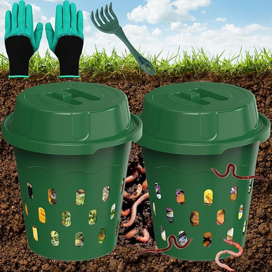 Inground Worm Composter, 2-Pack 8L (2.11Gal) Warm Farm, Outdoor Worm Compost Bin for Garden Beds & Home Use, Vermicomposting Bin for Beginners (9.5x9.5x10.8Inch), Green