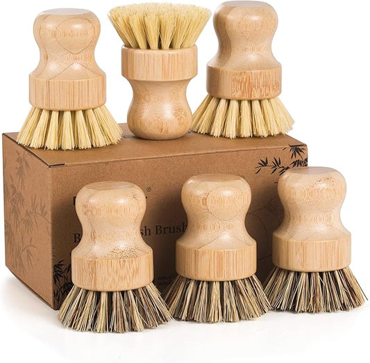 DEBETOOL 6 Pack Bamboo Dish Brush Set with Palm and Sisal Bristles, Natural Dish Scrubber for Fruit & Vegetables Cleaning, Kitchen Scrub Brush for Cast Iron Pots, Pans, Dishes