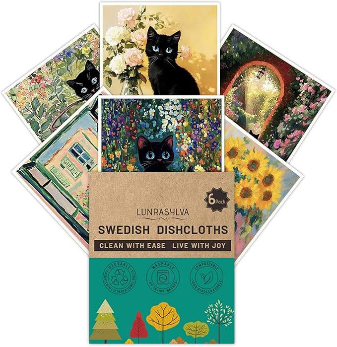 Swedish Dishcloths for Kitchen 6 Pack, Reusable Paper Towels Super Absorbent, Biodegradable Quick Drying Washable Dish Cloths Dishwasher Safe, Cleaning Cloths with WaterColor Design (Black Cat)
