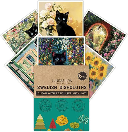 Swedish Dishcloths for Kitchen 6 Pack, Reusable Paper Towels Super Absorbent, Biodegradable Quick Drying Washable Dish Cloths Dishwasher Safe, Cleaning Cloths with WaterColor Design (Black Cat)