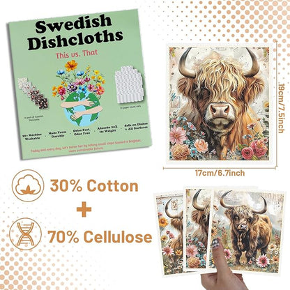 Highland Cow Swedish Dishcloths for Kitchen 6PCS Floral Highland Cow Swedish Cloths for Washing Dishes Reusable Flower Animals Themed Washable Cotton Kitchen Towels for Home Supplies