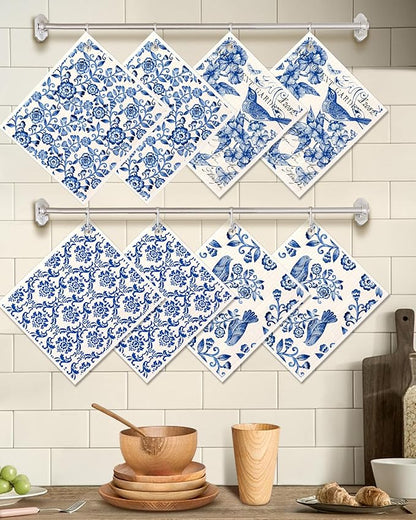 Miss Adola Swedish Dishcloths for Kitchen - Elegant 8 Pack Compostable Patterned Cotton Dish Cloths Absorbent Swedish Paper Towels Reusable Kitchen Dish Towels, Blue and White Ceramic Style