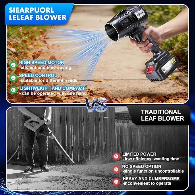 21V Cordless Leaf Blower with Batteries and Charger–980000RPM,Lightweight High-Speed Air Blower for Lawn Care,Patio& Driveway to Cleaning Leaves and Dust,2.6AH Batteries