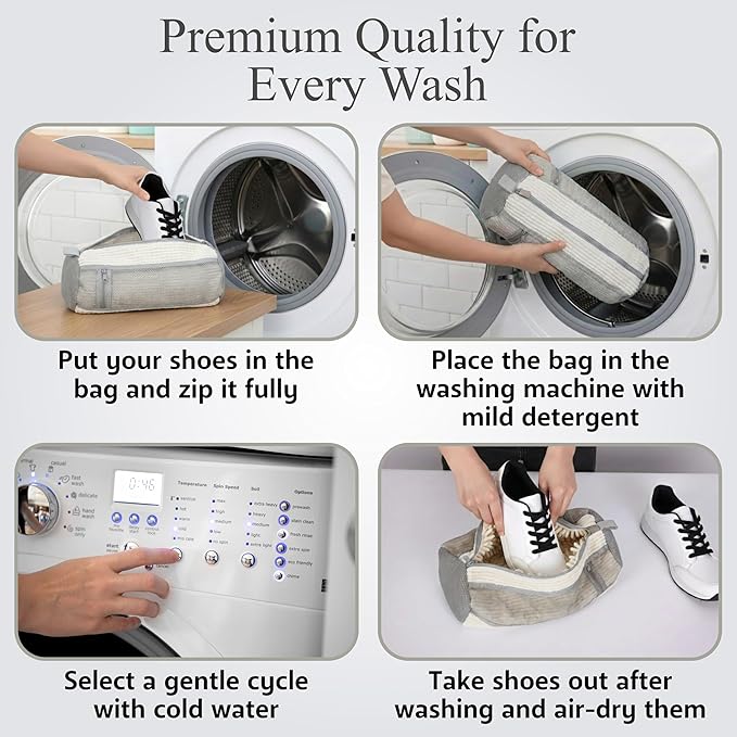 Shoe Washing Machine Bag, 2 Pcs Reusable Laundry Shoe Bag for Washer and Dryer, 360 Deep Cleaning Sneaker Washing Bag with Zipper, Mesh Pockets and Hanging Strip, Fits All Shoe Types & Sizes, Cream