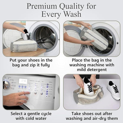 Shoe Washing Machine Bag, 2 Pcs Reusable Laundry Shoe Bag for Washer and Dryer, 360 Deep Cleaning Sneaker Washing Bag with Zipper, Mesh Pockets and Hanging Strip, Fits All Shoe Types & Sizes, Cream