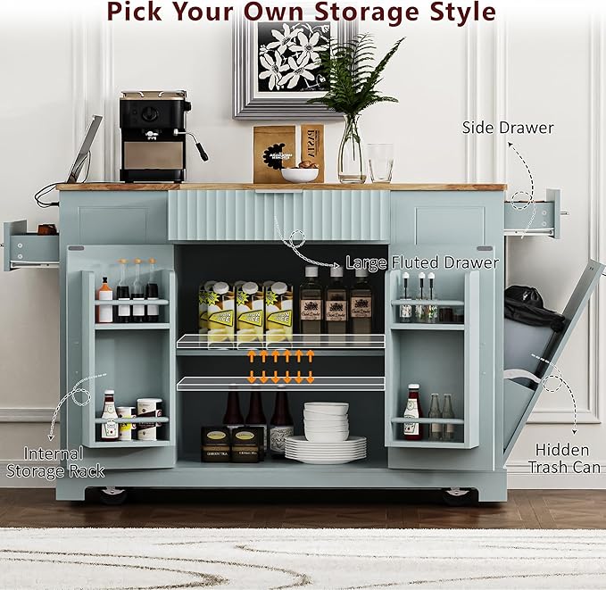 48.5" Kitchen Island with Trash Can Storage Cabinet, Power Outlet, Internal Storage Rack, Rolling Kitchen Islands Cart on 5 Wheels with 3 Drawers, 3 Open Side Racks, Grey Blue