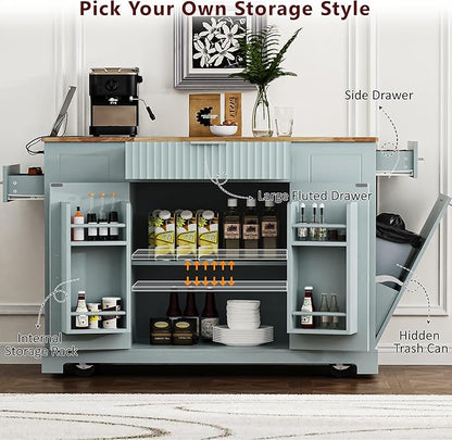 48.5" Kitchen Island with Trash Can Storage Cabinet, Power Outlet, Internal Storage Rack, Rolling Kitchen Islands Cart on 5 Wheels with 3 Drawers, 3 Open Side Racks, Grey Blue