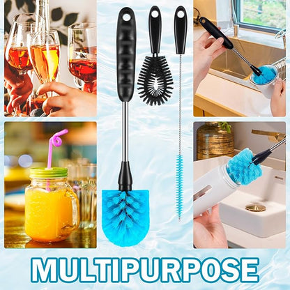 12.2 inch Bottle Brush Set of Three，Washable Coffee Cups, Water Bottles, Baby Bottles, Straws, to-go Cups, Long-Handled 3-in-1 Stainless Steel Bottle Brushes. (Black)