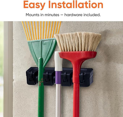 Superio Mop and Broom Holder Wall Mount Storage Organizer for Kitchen, Garage, Garden, 3 Slots (2 Pack, Black)