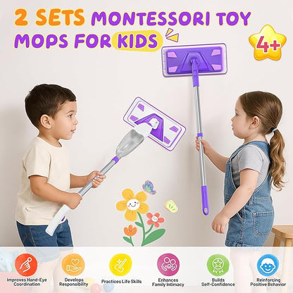 2 Set Toy Mop for Kids - Toddler Real Spray Flat Floor Mop Montessori Cleaning Toy Set, Educational and Fun Gifts for Boys and Girls Ages 4+
