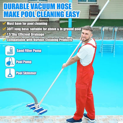3 Pcs Pool Cleaning Kit Swimming Pool Vacuum Head Hoses 1-1/2" x 30ft with Swivel Wheel Vacuum Head and 14 '' Brush for Inground & Above Ground Pools Spas Ponds Cleaning Manual(Wheel)