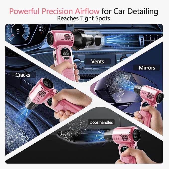 Electric Air Duster for PC Keyboard, Car & Home Cleaning, Powerful Cordless Air Blower with Vacuum Function, Infinite Speed Control, Fast Charging, Compact Rechargeable Dust Cleaner – Pink