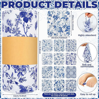 Tinlade 36 Pack Reusable Cleaning Cloths Washable Cotton Kitchen Towels Bulk 11.81 x 9.84 Inches Absorbent Dish Towels Roll for Home Kitchen Cleaning Supplies 12 Styles (Swedish Blue Floral)