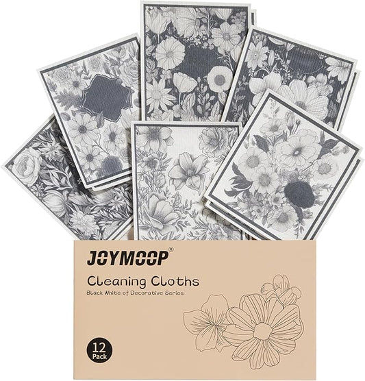 JOYMOOP 12 Pack Decorate Cleaning Cloth (Black White of Decorative Series), Reusable Absorbent Dish Towels, Non-Scratch Washable Rags for Cookware, Kitchen and Household Cleaning - 6.7×7.9 inch