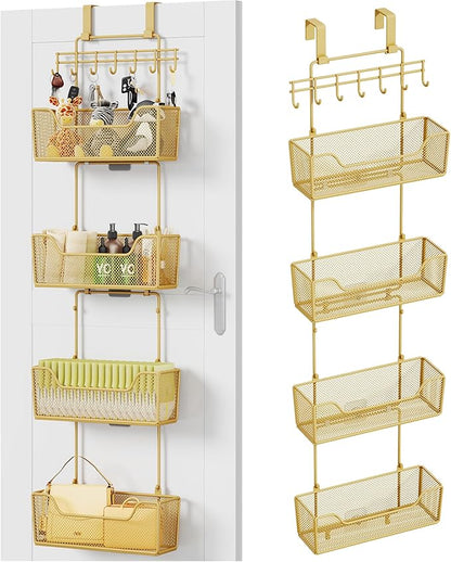 HapiRm Over The Door Organizer - Hanging Door Organizer with 4 Metal Large Capacity Baskets and Adjustable Coat Hook for Bathroom Bedroom Kitchen Pantry Closet Cabinet