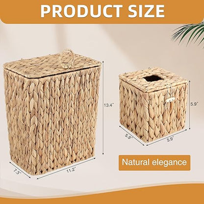 BSSN Boho Wicker Trash Can with Lid and Tissue Box Holder, Water Hyacinth Bathroom Small Waste Basket, Rattan Garbage Wastebasket with Lid for Bedroom,Toilet