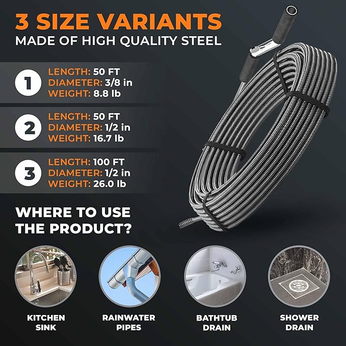 Meisterfaktur drain snake 3.0 [50 FT] - extremely long - Ideal plumbing snake for heavy & deep blockages - The drain auger for real do-it-yourselfers! (50 FT - 3/8 inch)