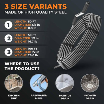 Meisterfaktur drain snake 3.0 [50 FT] - extremely long - Ideal plumbing snake for heavy & deep blockages - The drain auger for real do-it-yourselfers! (50 FT - 1/2 inch)