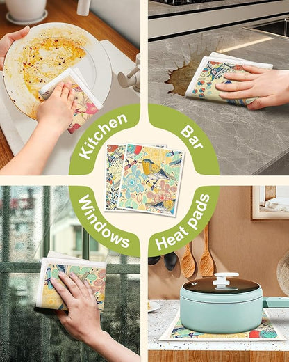 Miss Adola Swedish Dishcloths for Kitchen - 5 Pack Reusable Dish Cloths for Washing Dishes Absorbent Cute Funny Kitchen Towels Cleaning Sponge, Flower Bird