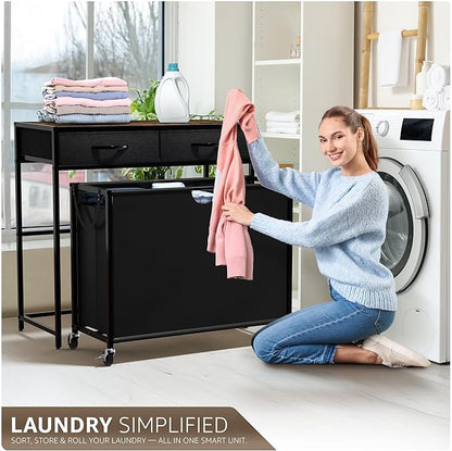 Sorbus 3 Section Laundry Hamper with Shelf and 2 Drawers for Laundry Room Organization, Laundry Basket with Wheels, Rolling Laundry Hamper, Laundry Sorter for Optimal Storage and Organization (Rustic)