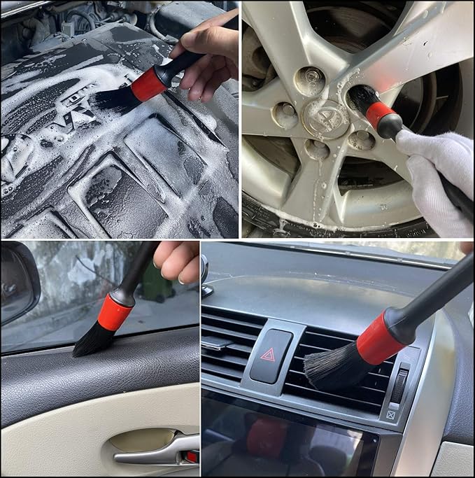 7Pcs Wheel & Tire Brush, car Detailing kit, 17inch Long Soft Wheel Brush 5 car wash Detail Brush car wash kit for Cleans Dirty Tires & Releases Dirt and Road Grime, Short Handle