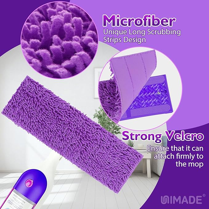 UNIMADE Reusable Mop Pads for Swiffer PowerMop, 8 Pack Microfiber Mop Pad Refill with Scrubber Strips for 13''-15'' SprayMop, Washable Mop Pads Use for Most Floor Types, Designed for Pets - Purple