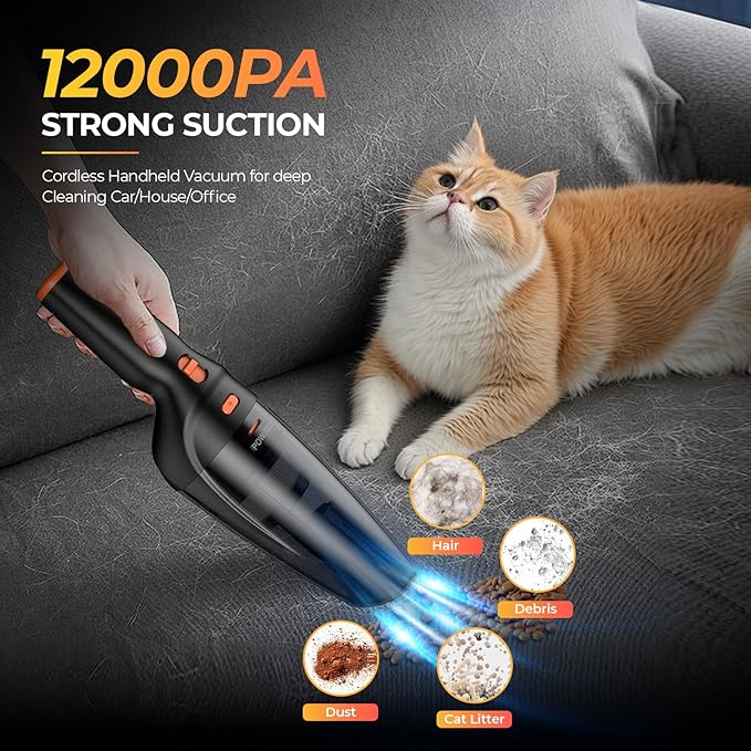 Handheld Vacuum Cordless Rechargeable,Car Vacuum Cleaner with High Power 12000PA Suction,Large-Capacity Battery, with Fast Charging Dock,Dust Busters Wet Dry for Home Car Office Pet