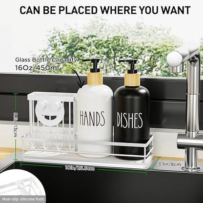 Moforoco Kitchen Dish Soap Dispenser Set, 16OZ Glass Bottle, Hand and Dish Soap Dispenser Set, Instant Dry Tray, Brush Holder with Smiley Face Sponge Holder (White Tray+Black&White Bottle)