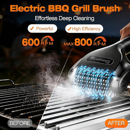 Electric Grill Brush - 4000mAh Cordless BBQ Grill Cleaner 2 Speed - 800RPM Bristle Free BBQ Grill Cleaner Tool Rechargeable with Scraper/LED Light/LED Display for Outdoor/Camping (Black)