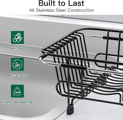 Apartment RV Small Dish Drainer Drying Rack Over The Sink In Stainless Steel for Narrow Kitchen, Counter Space Saving Compact Expandable Metal Plate Dryer Strainer, Black Adjustable Wire Drain Holder