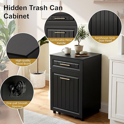 ZIFTY Pull Out Trash Can Cabinet for Double 7 Gallon or 13 Gallon Bin, Freestanding Kitchen Trash Bin Cabinet with Drawer, Pet Proof Hidden Garbage & Recycling Storage for Laundry & Living Room, Black