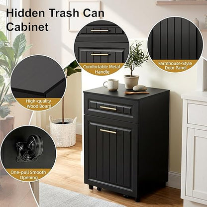 ZIFTY Pull Out Trash Can Cabinet for Double 7 Gallon or 13 Gallon Bin, Freestanding Kitchen Trash Bin Cabinet with Drawer, Pet Proof Hidden Garbage & Recycling Storage for Laundry & Living Room, Black