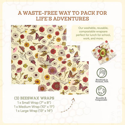 Bee's Wrap Beeswax Wraps for Food - 3 Pack of Assorted Beeswax Wraps - Small, Medium & Large Wrap - Plastic Free Made in USA Reusable Natural Food Wrap - Meadow Magic Print