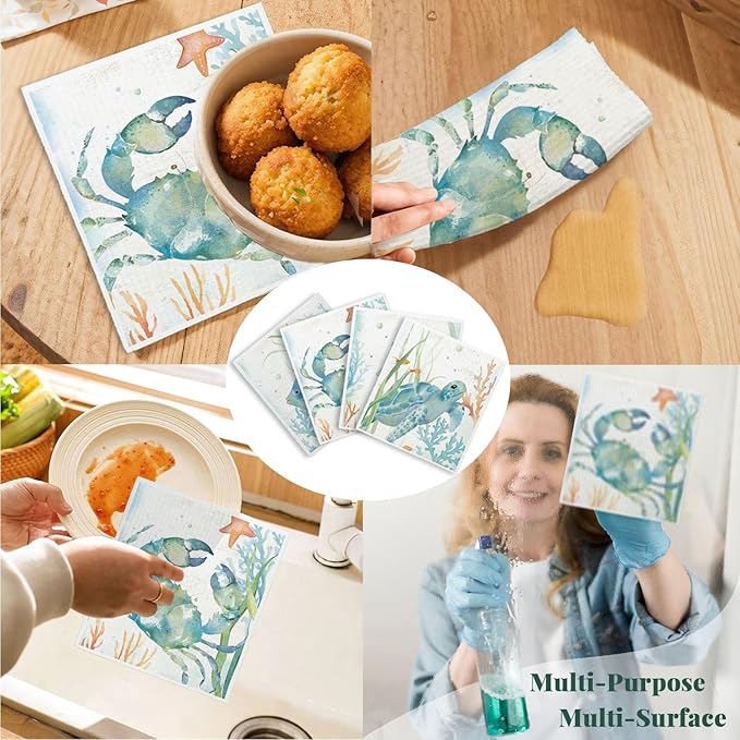 Ocean Turtle Fish Swedish Dishcloths for Kitchen, 4 Pack Ocean Summer Gifts Swedish Dish Cloths Towels for Kitchen Bathroom Office Housewarming Gifts, Papaya Reusable Paper Towels Washable