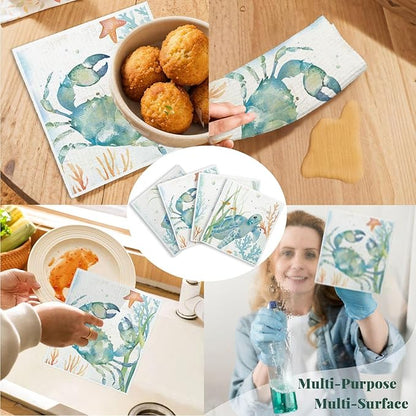 Ocean Turtle Fish Swedish Dishcloths for Kitchen, 4 Pack Ocean Summer Gifts Swedish Dish Cloths Towels for Kitchen Bathroom Office Housewarming Gifts, Papaya Reusable Paper Towels Washable