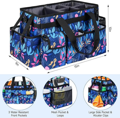 Cleaning Organizer, Large Caddy Bag for Supplies, Housekeeper's Bag with Handle (Blue Leaf)