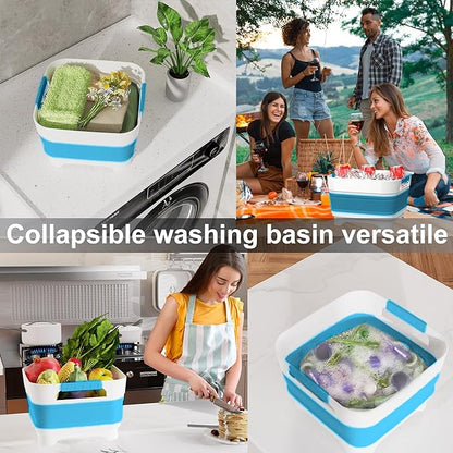 MontNorth 2.4 Gal Collapsbile Wash Basin with Drian Plug,9L Dish Pan for Soaking Baby Bottles,Portable Sink, Multiuse Foldable Bucket,Ice Beverage Tubs for Camping, Vegetable Washing, RV (Blue)