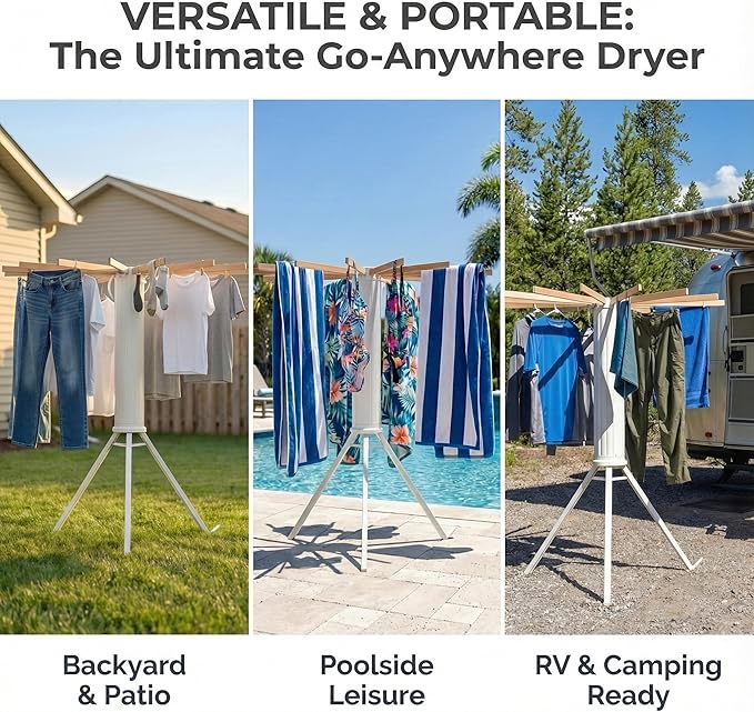 Clothes Drying Rack Foldable, Portable Laundry Drying Rack for Clothes with 16 Wooden Rods & 48 Windproof Slots, Collapsible Tripod Dry Rack for Apartment, RV, Balcony