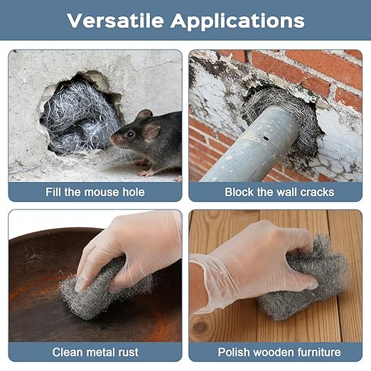 Steel Wool Mice Control, 3 Pack 3" x 11.5 Ft Mouse Hole Filler, Mice Barrier Mouse Gap Filler for Garden, House, Garage, Prevent Animals from Entering Holes, Siding, Pipeline, Vents